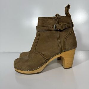 Swedish Hasbeens Olive Brown Suede Ankle Clog Boots